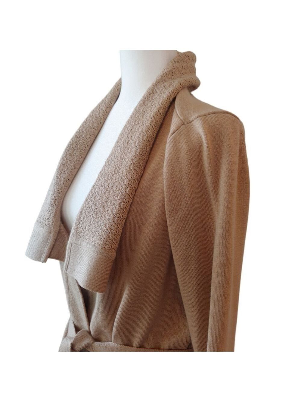 Calvin Klein Belted Wool Blend Wrap Cardigan Coat in Camel Tan Women's Large - Picture 8 of 16
